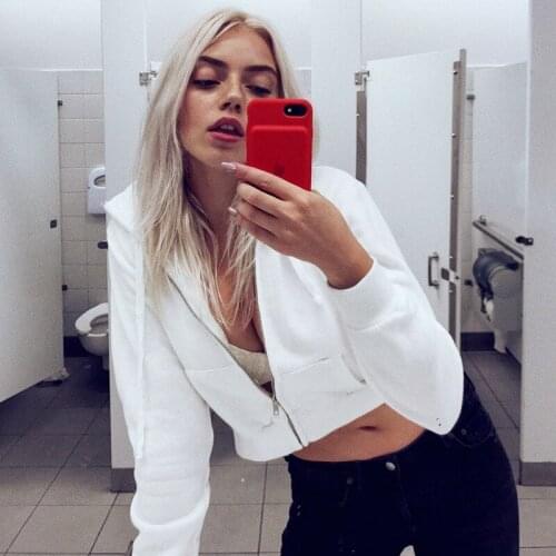 FNOCE 2020 winter womens sweatshirt fashion casual solid long sleeve hooded pockets zipper loose slim white short coat hoodies