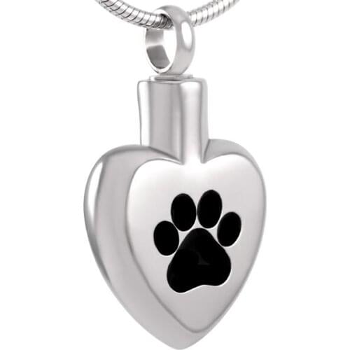 IJD8005 Black/White Dog/Cat Paw Print On My Heart Stainless Steel Cremation Jewelry Pendant Ashes Holder Memorial Urn Necklace