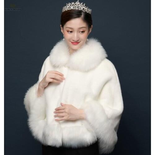 Faux Fur Party Shawl Winter Warm Bridal Jacket Ivory Loose Wedding Coat Long Fur Edge Wedding Bridal Wrap Party Cape