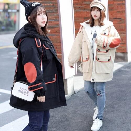 Oversize Lamb Cashmere Coat Women Winter Parka Splicing Colour Plus Velvet Warm Jacket Plus Size Thicken Hooded Outerwear KW165