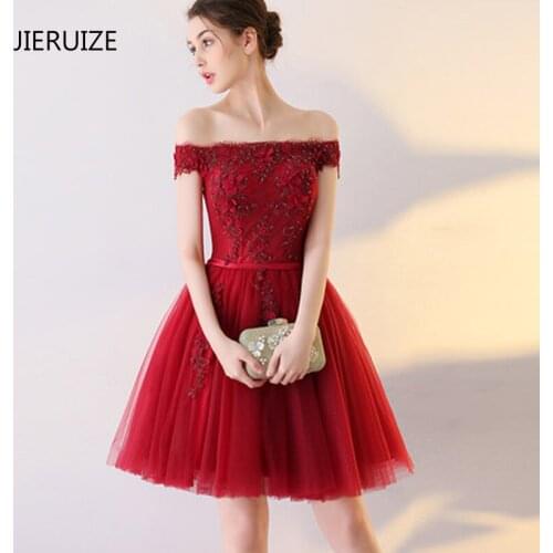 JIERUIZE Burgundy Lace Short Prom Dresses 2017 Beaded Off the Shoulder Cheap Prom Dress Short Lace Up Back Short Party Dress