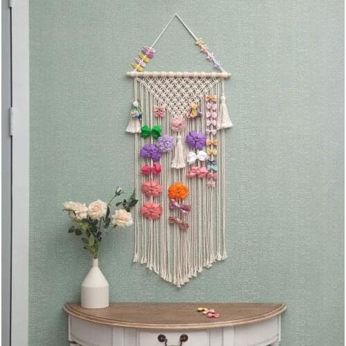 Macrame Hair Bow Holder Baby Girls Hair Clips Hanger Headband Storage Organizer Boho Wall Hanging Decor