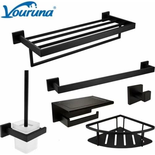VOURUNA Matte Black Bath Hardware Set Stainless Steel Bathroom Accessory Sets Toilet Roll Holder Towel Bar Brush Holder Basket