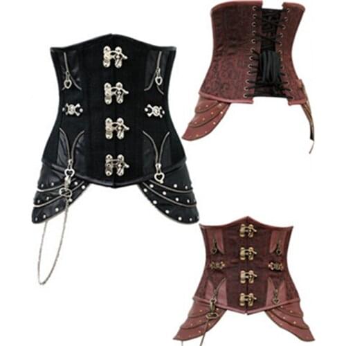 Fancy Plus Size Corset Gothic Brocade Brown Leather Steampunk Corset Underbust Steel Boned Waist trainer Corsets
