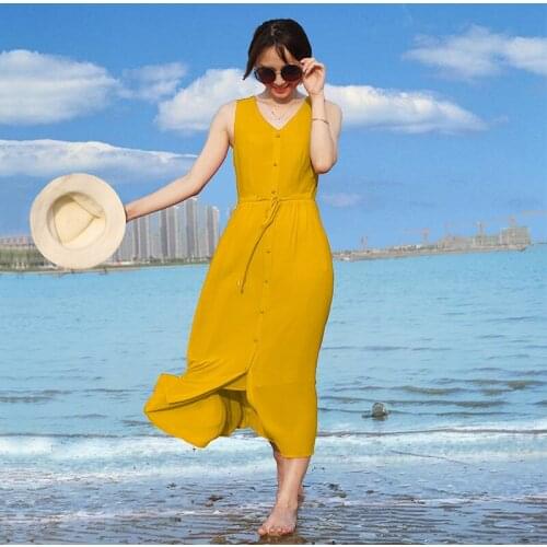 2021 New Summer Women Fashion Casual Beach Style Sleeveless Vintage Elegant Vestidos Female One-piece Outerwear Solid Dress B82