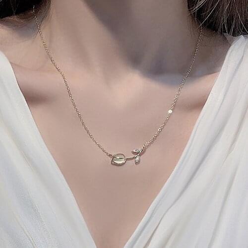 Opal Tulip Flower 14K Real Gold Jewelry AAA Zircon Leaves Necklaces for Women Clavicle Chain Charm Wedding Pendant