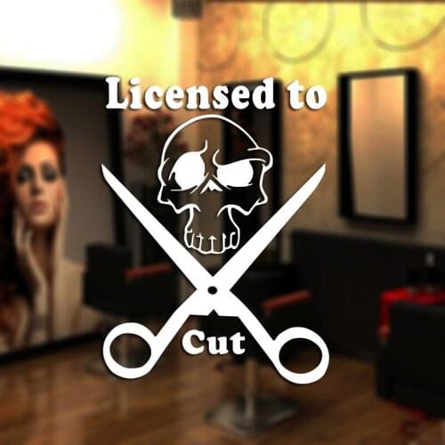 Barber Shop Sticker Name Scissors Skull Hair Salon Decal Neutral Haircut Poster Vinyl Wall Art Decals Decor Windows