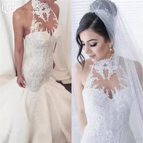 Custom Made Wedding Dresses 2019 Mermaid Halter Tulle Lace Flowers Sexy Elegant Bridal Wedding Gowns Plus Size ZF02