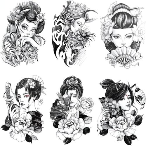 Waterproof Temporary Tattoos for Women Paste Skeleton Carp Beauty Flower Arm Fake Tattoo Black Geisha Sleeve Stickers for Men