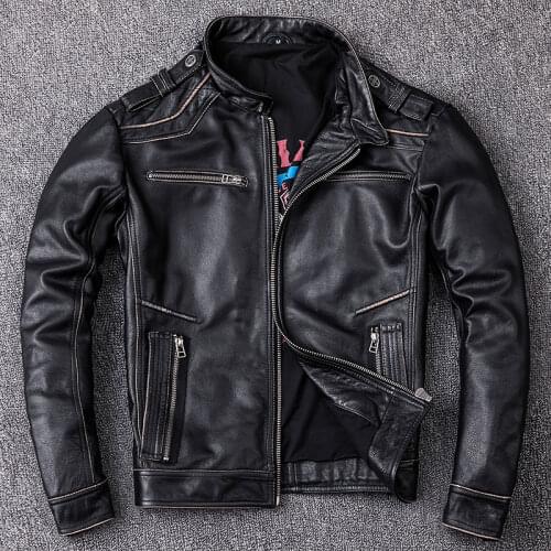 YR!Free shipping.Wholesales.Mens genuine leather jacket.vintage cowhide coat.slim motor biker jacket sales,plus size