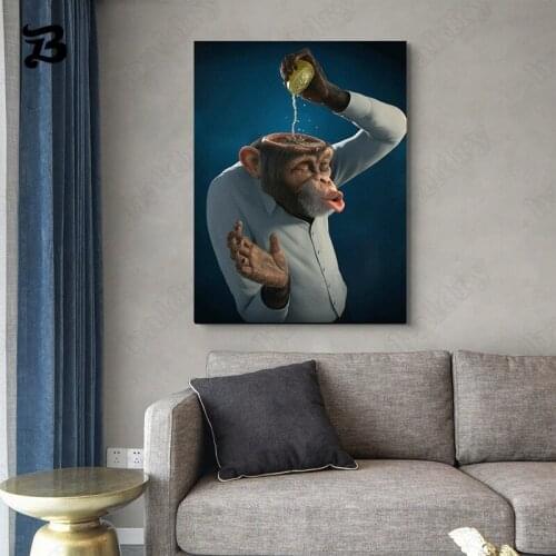 Funny Gorilla Canvas Painting Posters and Prints The Gorilla Squeezes a Lemon On His Head Wall Art Picture for Living Room Decor