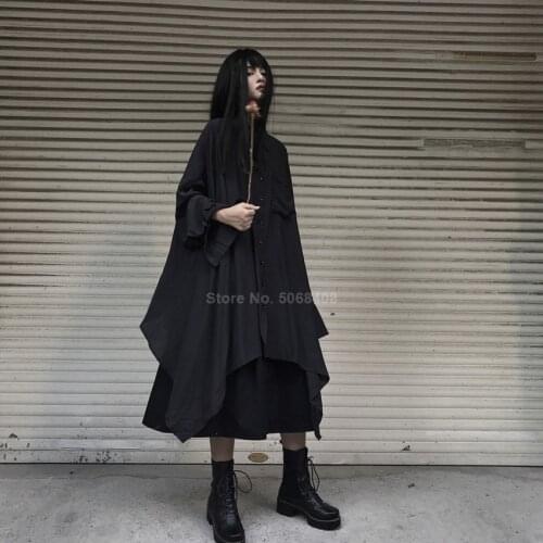 Harajuku Japanese Samurai Women Long Black Blouse Shirt Dress Asymmetrical Irregular Robe Gown Medieval Punk Gothic Clothing