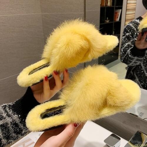 Fluffy Rabbit Fur Winter Woman Cotton Slippers Slip On Warm Shoes non-slip Flats Female Spring Autumn Winter House Shoes 2020