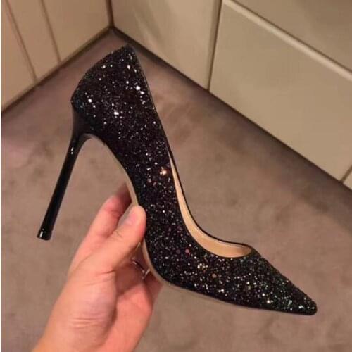 Moraima Snc Black Glitter Embellished High Heel Shoes Sexy Pointed Toe Party Wedding Heels Thin Heels Woman Dress Shoe