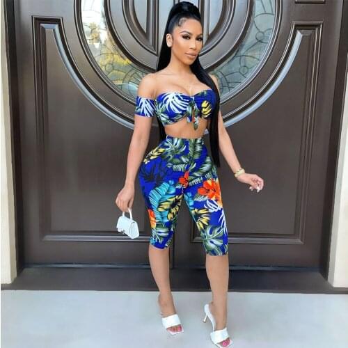 2021 High Quality New Design 2 pcs Women Set Print Slash Neck Short Tops and Shorts Summer Beach Outfits