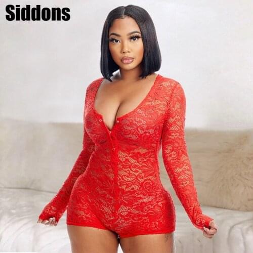 Women Sexy Mesh Sheer Deep V Neck Lace Playsuit Shorts Bodycon Rompers One Piece Club Outfits