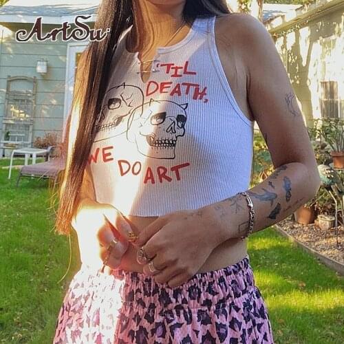 Artsu Aesthetic Ltter Print Vest Streetwear Women Chic Sleeveless Tank Tops 2021 Harajuku Skinny Crop Tops Camisole 42505