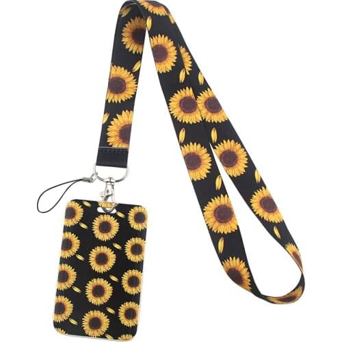 1pc ZF2477 Black Neck Straps Sunflower Fashion Lanyards ID Badge Holder Bus Pass Case Cover Slip Bank Credit Card Holder Jewelry