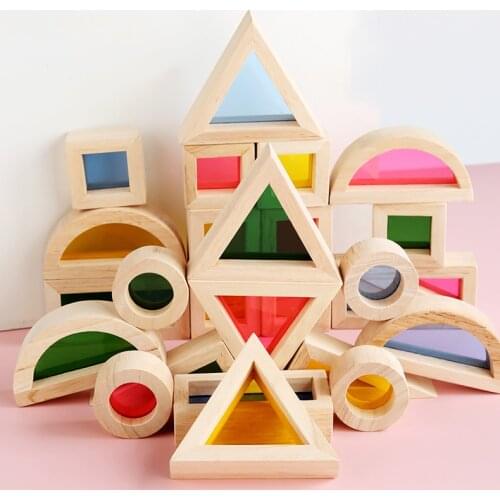 Kids Montessori Wooden Toys Sensory Rainbow Blocks Solid Rubber Wood Stacking Acrylic Buliding Blocks Creative Educational Toys