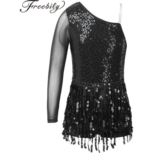 Kids Girls One Shoulder Mesh Long Sleeve Sequin Bodice Tassel Ice Skating Dress Competition Figure Skating Twirling Costumes
