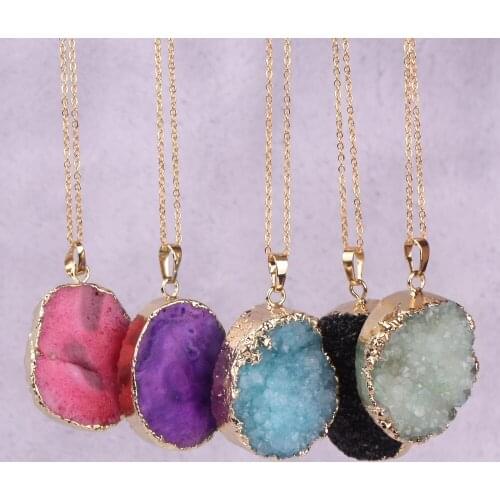 Druzy Colorful Mixed Color 2pcs Natural Freedom Shape Raw Druzy With Gold Color Chain Drusy Pendant Chip necklace For Men Women
