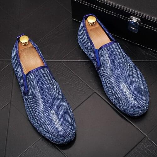 ERRFC New Arrival Luxury Mens Blue Loafer Shoes Round Toe Slip On Rhinestone Silver Trending Leisure Shoe For Man Casual Zapatos