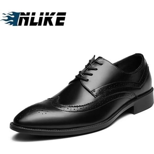 INLIKE Big Size Luxury Brand Classic Man Pointed Toe Dress Shoes MensLeather Black Brouge Wedding Shoes Oxford Formal Shoes
