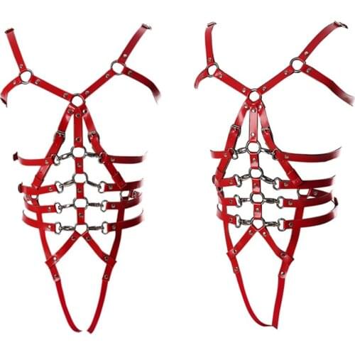 Red Leather Harness Bra Belt Sexy Lingerie Set Goth Punk Fetish for Women Hollow Out Body Bondage Dance Festival Rave