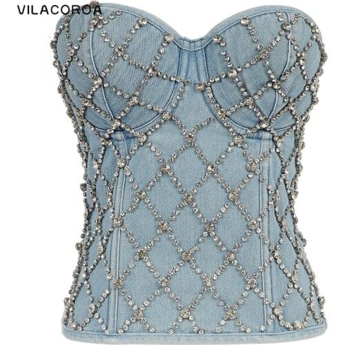 Cross Diamond Stitching Corset Women Tank Tops Streetwear Denim Zipper Skinny Tank Tops Stage Tube Top Nightclub Female Top Vest