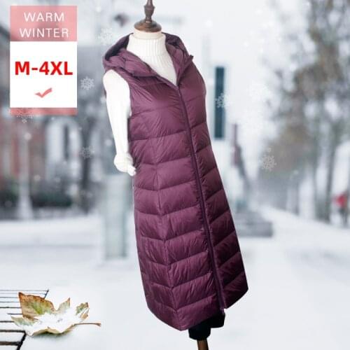 Fashion Women X-Long White Duck Down Vest Female Slim Thin Soft Casual Sleeveless Coat With Hood Good Quanlity Warm Waistcoat