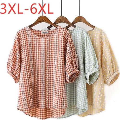 New 2021 Ladies Summer Plus Size Tops For Women Large Blouse Short Sleeve Loose Casual Cotton Red Plaid Shirt 3XL 4XL 5XL 6XL