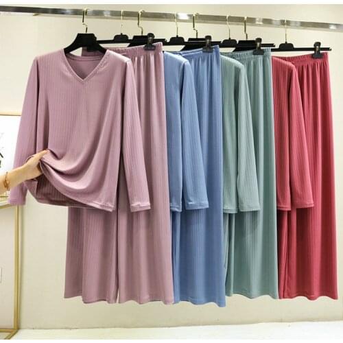 Casual V Neck Pajamas Womens Modal Cotton Nightwear Set Long Sleeve Trousers Home Suit Autumn Winter Homewear Pijama Mujer
