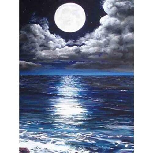 Full Square Drill Diamond Embroidery Mosaic Moon Night Ocean Diamond Painting 5d Landscape Set Home Decor