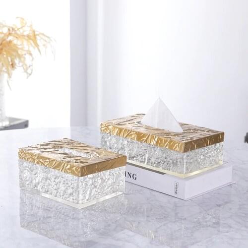 Luxtry Square Ice Cracked Texture Transparent Resin Art Tissue Box With Brass Cover Home Hotel Office Table Decor Paper Rack