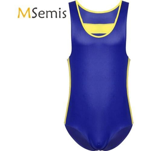 Sexy Bodysuit for Mens Lingerie Round Neck Bodybuilding Fitness Jumpsuit Gay Singlet Patent Leather Gymnastic Leotard Bodysuit