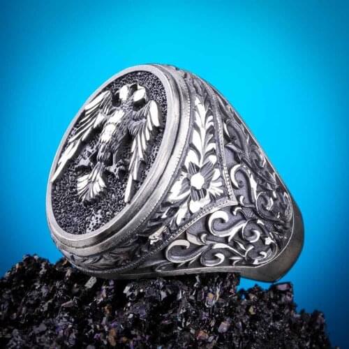 Silver Men Ottoman Flower Motif Two Eagle Head Silver Ring Gerat Seljuk Emparie Model Ring Solid 925 Sterling Silver