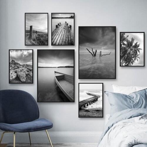 Nordic Landscape Black and White Wall Art Poster Wooden Bridge Boat Trees Reef Canvas Painting Modern Minimalist Interior Decor