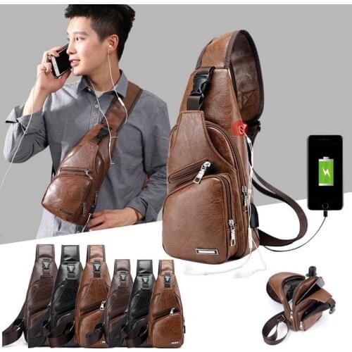 Men USB Charging Pack 2020 Chest Bags PU Shoulder Bag Sling Bag Sports Leather Package Messenger Travel Crossbody Backpack