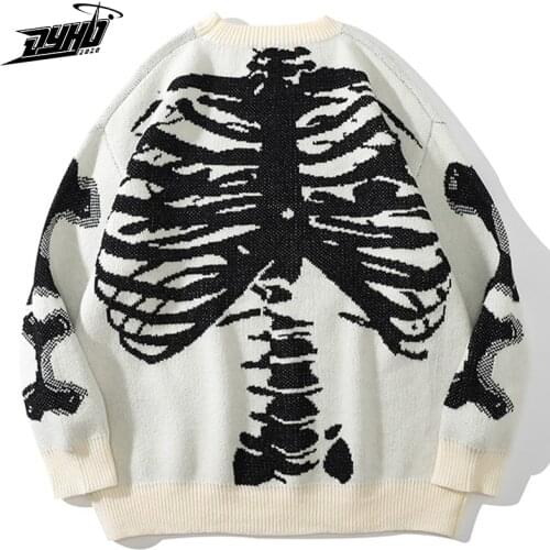 Hip Hop Streetwear Harajuku Sweater Men Women Loose Vintage Retro Skull Print Knitted Sweater 2021 Autumn Cotton Pullover Unisex