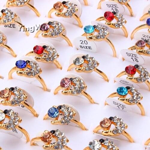 Yingwu Womens Ring Wedding Engagement Ring Golden Colored Rhinestone Party Gifts Charming Jewelry 30pcs Lot