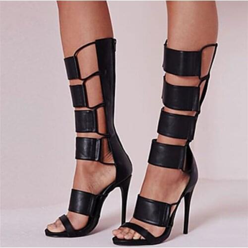 High Quality Black Leather Cut-outs Rome Women Knee High Boot Peep Toe Hollow Thin Heels Gladiator Sandals Shoes Women Plus Size