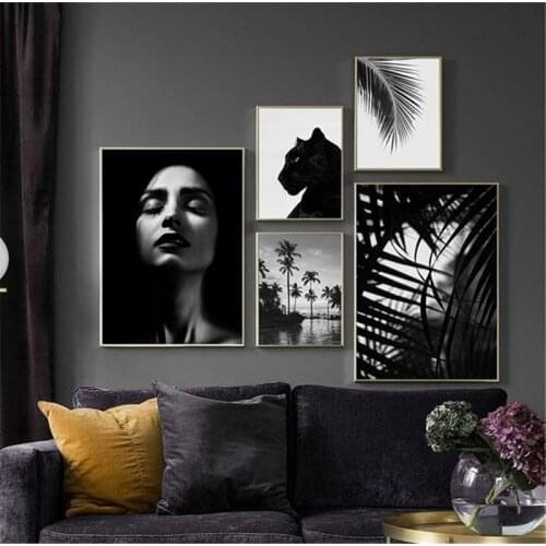 Woman Portraits Domineering Black Panther Palm Tree Landscape Canvas Paintings Black and White Still Life Posters and Prints