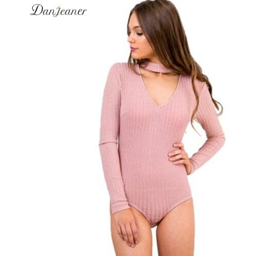 Danjeaner Women Long Sleeve V-neck Slim Fit Bodysuit Autumn Winter Women Elegant Halter Warm Romper Jumpsuits for Women 2017