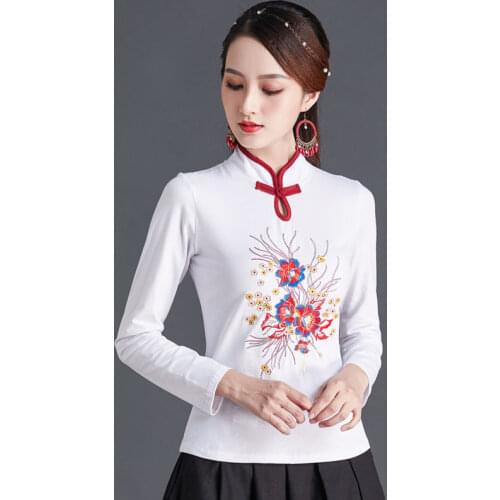 Cheongsam Womens Plus Size Tops 2021 Autumn Cotton Blend Splicing Stand Collar Long Sleeves Chinese Style Qipao Shirts Woman
