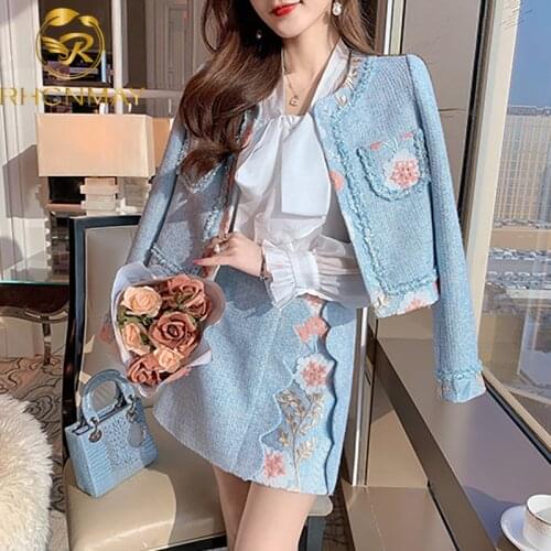 Fashion 2021 New Autumn Winter Women Sets High Quality Embroidery Vintage Jack Tweed Coat and Mini Skirt Two Piece Set