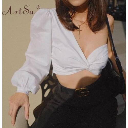 ArtSu V-Neck Sexy Women White One Shoulder Club Party Crop Top Slim Backless Summer Streetwear Female 2021 New Tops