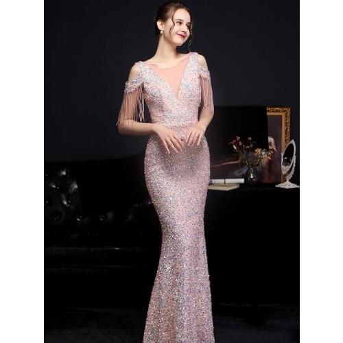 Off Shoulder Backless Evening Dress Women Mermaid Sequins Gowns Short Sleeve Tassels Party Dress 2021 XUCTHHC Formal Dress