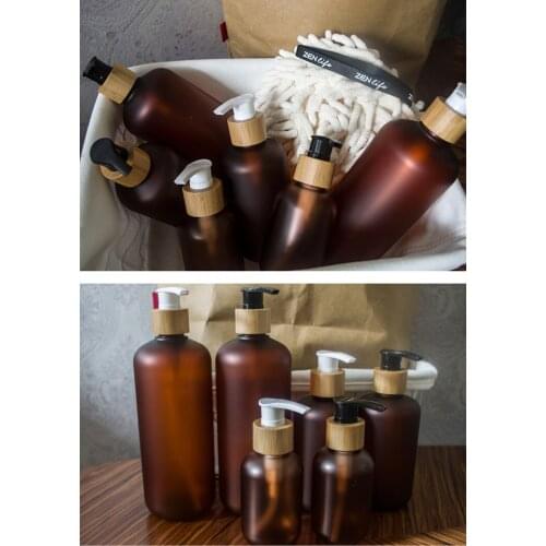 10pcs cosmetic bamboo shampoo bottle 120ml 250ml 500ml frosted amber PET plastic bottle with bamboo pump cap lotion packaging