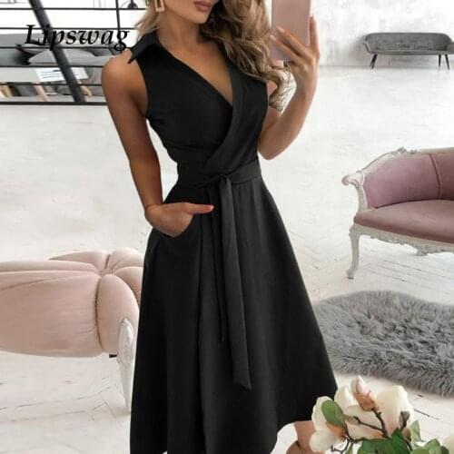 2021 Off Shoulder Sleeveless Summer Dress Women Sexy Deep V Neck Long Party Dress Spring Solid Belted Office Lady Shirt Dresses