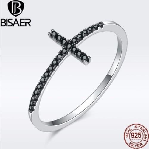 BISAER 100% Real 925 Sterling Silver Faith Cross Black CZ Female Finger Rings Women Sterling Silver Ring Jewelry Anel ECR067